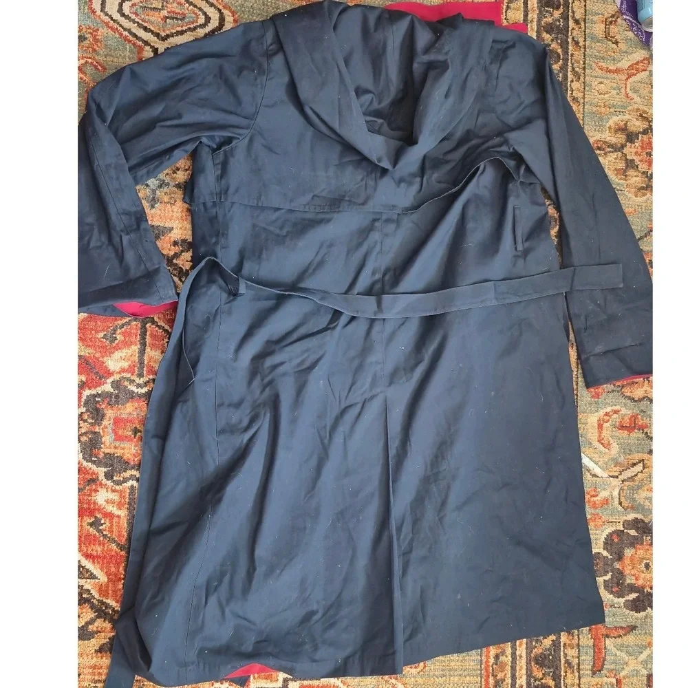 London Fog Maincoats Vintage Navy Blue Trench Coat Red Lining Belted Size 12 Reg